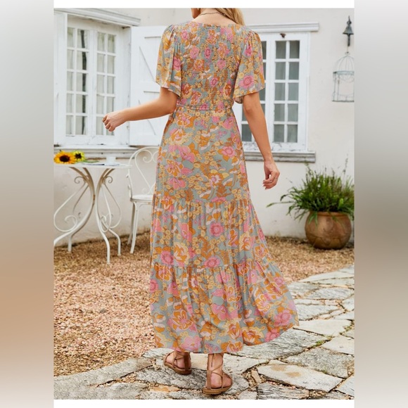 ZESICA Women's Floral Print Flutter Sleeve Smocked High Waist Flowy Maxi Dress - Picture 2 of 3